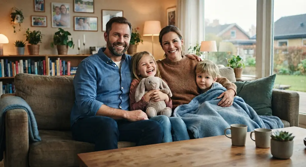 Familie med to børn hygger i sofaen i deres hus